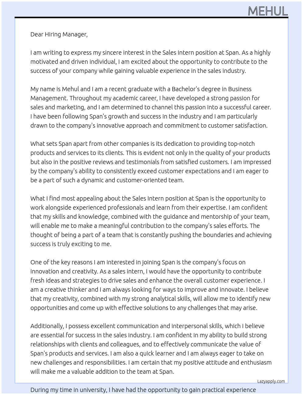 Sales Intern At Span Cover Letter