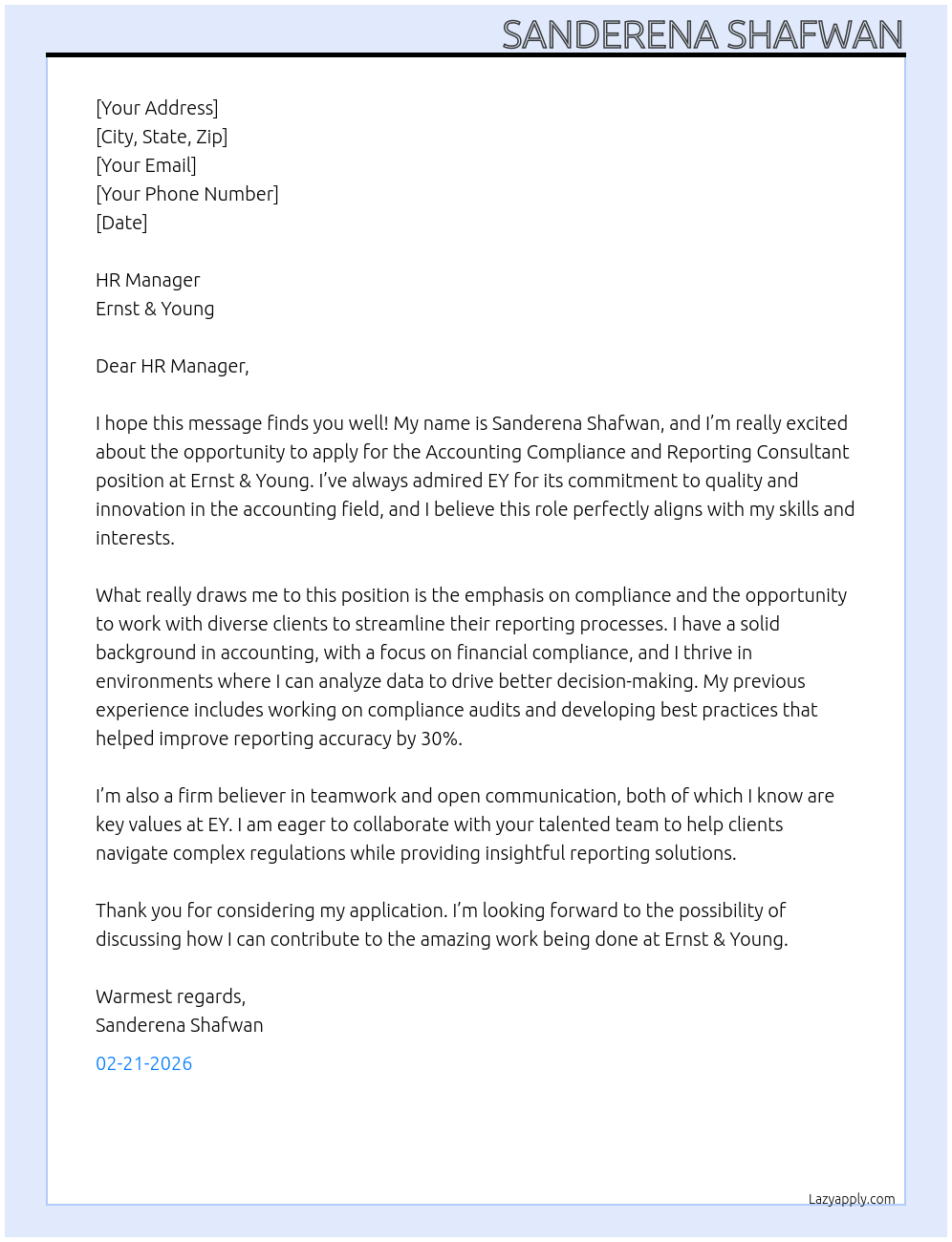 Accounting Compliance and Reporting Consultant At Ernst & Young Cover Letter