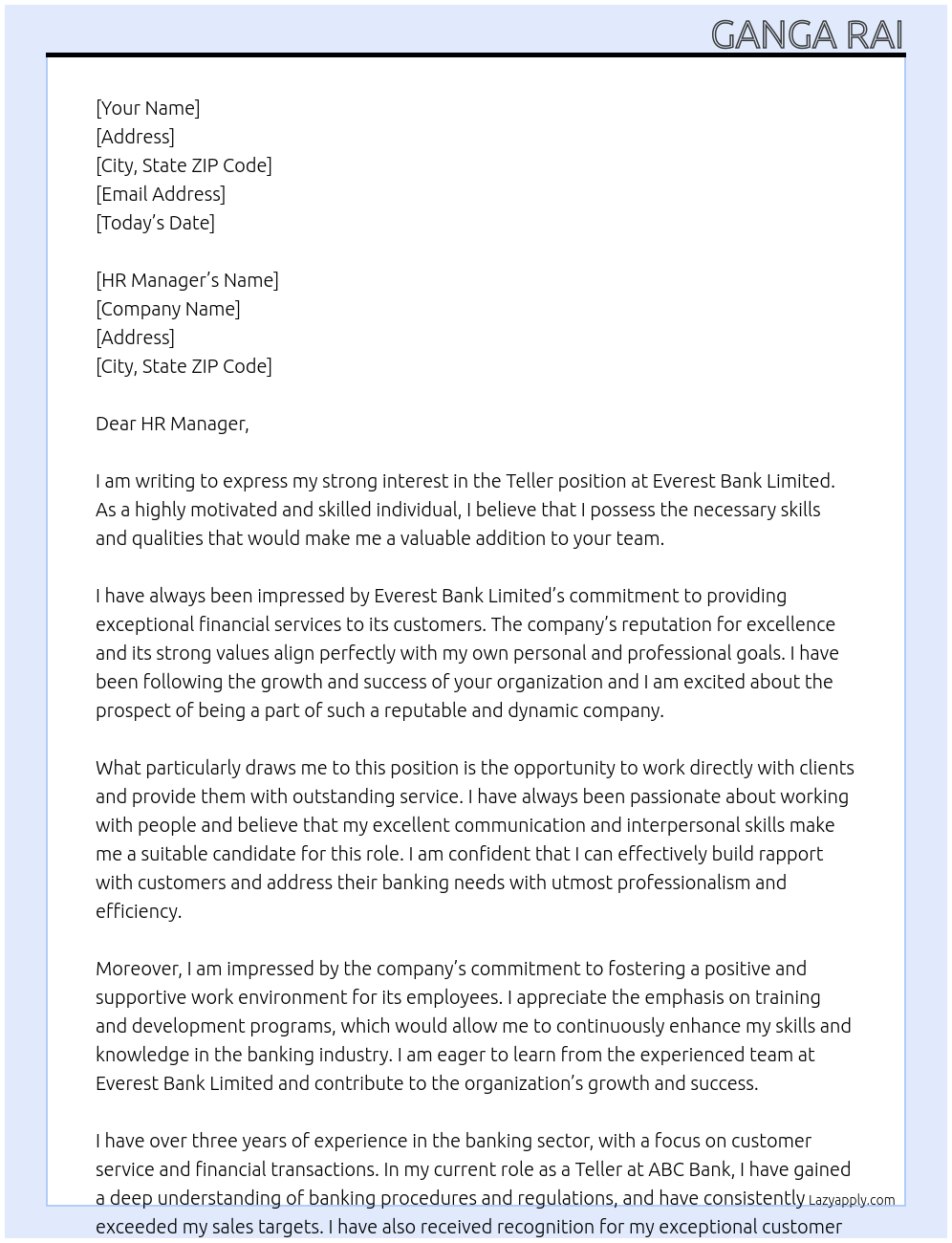 Teller At Everest Bank limited Cover Letter