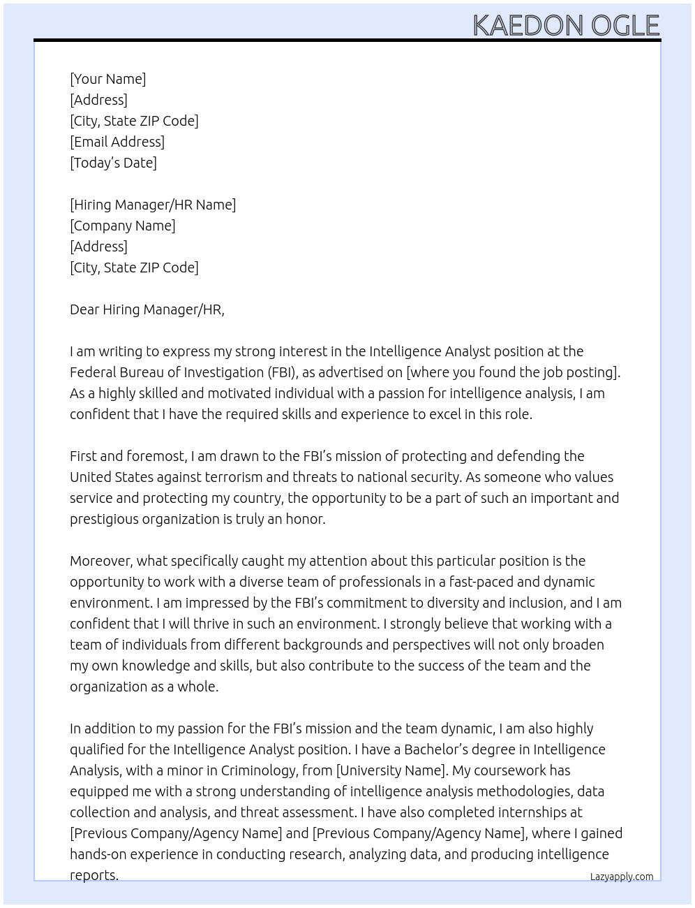 Intelligence Analyst At FBI Cover Letter
