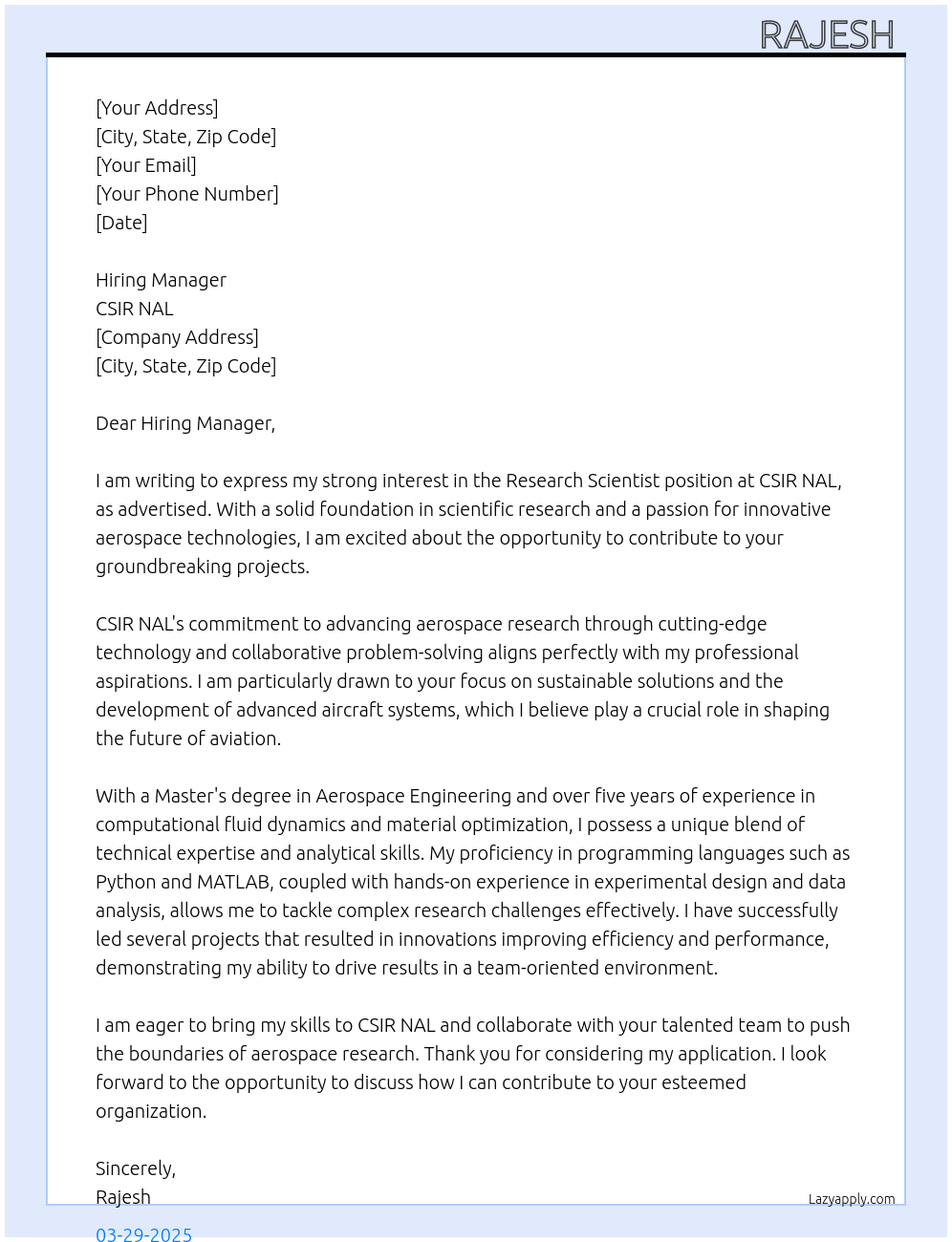 Research Scientist At CSIR NAL Cover Letter