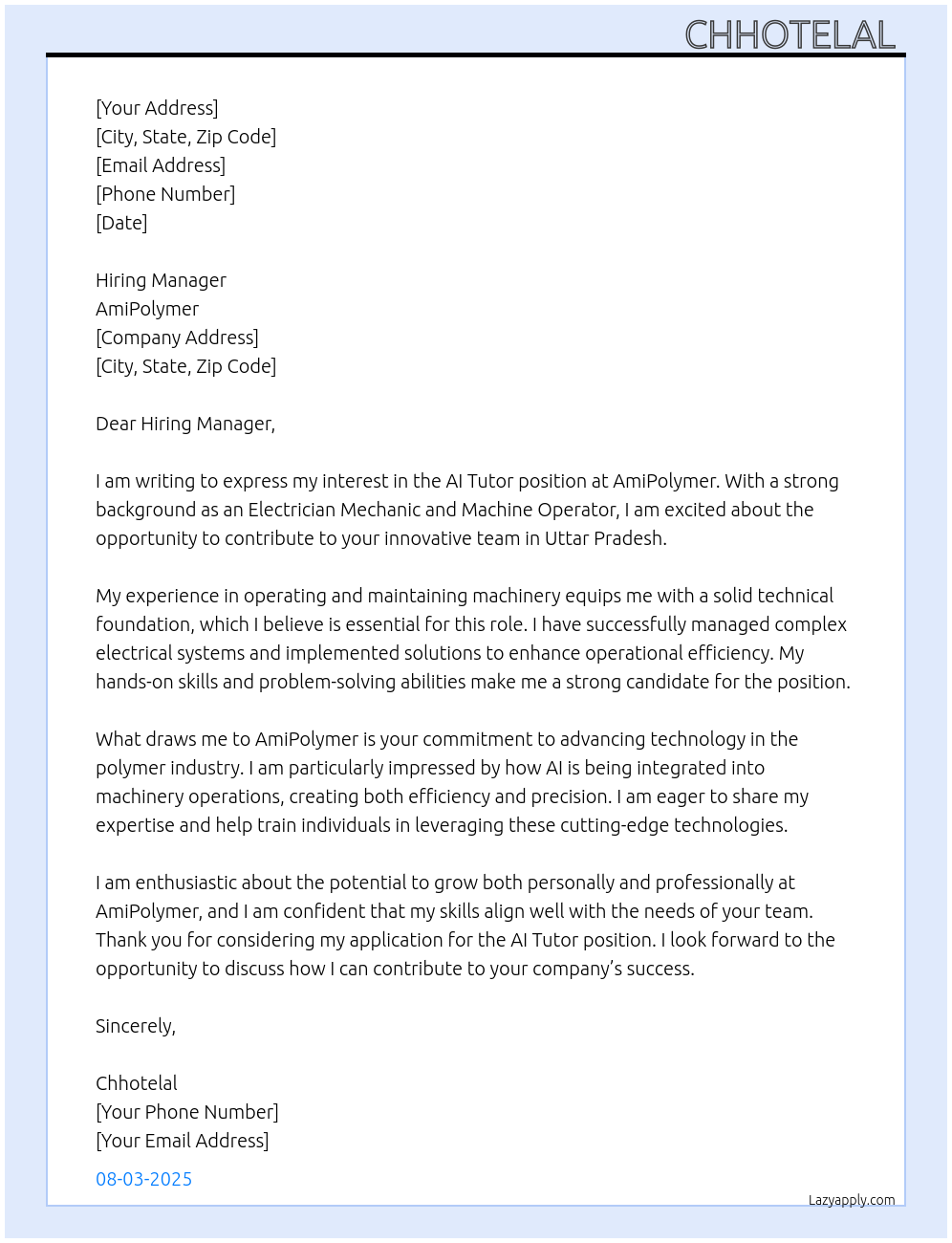 AI TUTOR At AmiPolymer Cover Letter