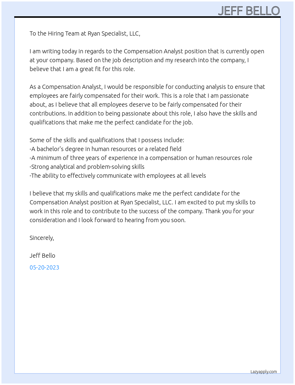 Compensation Analyst At Ryan Specialist, LLC Cover Letter