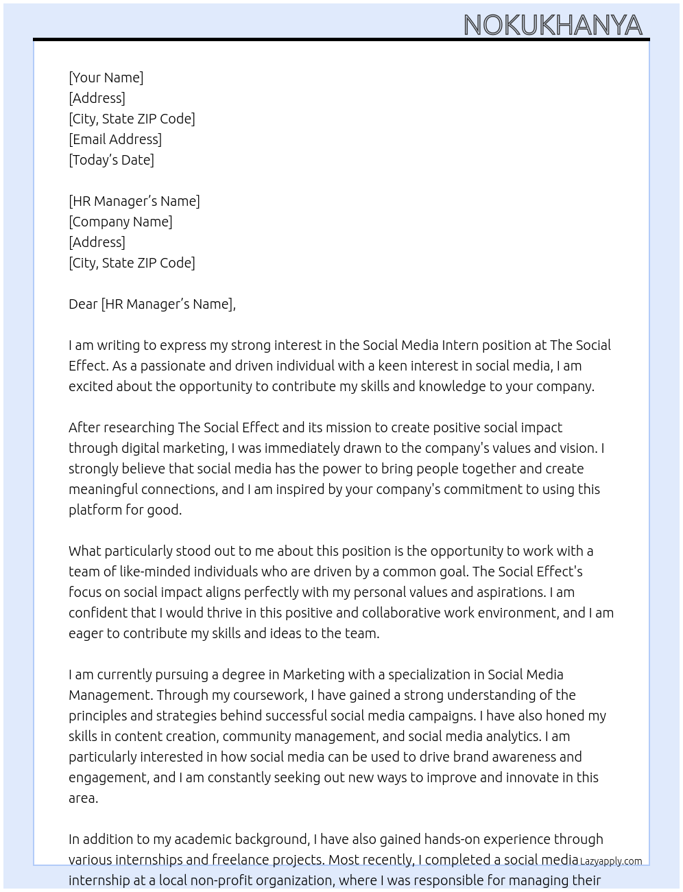 Social Media Intern At The Social Effect Cover Letter