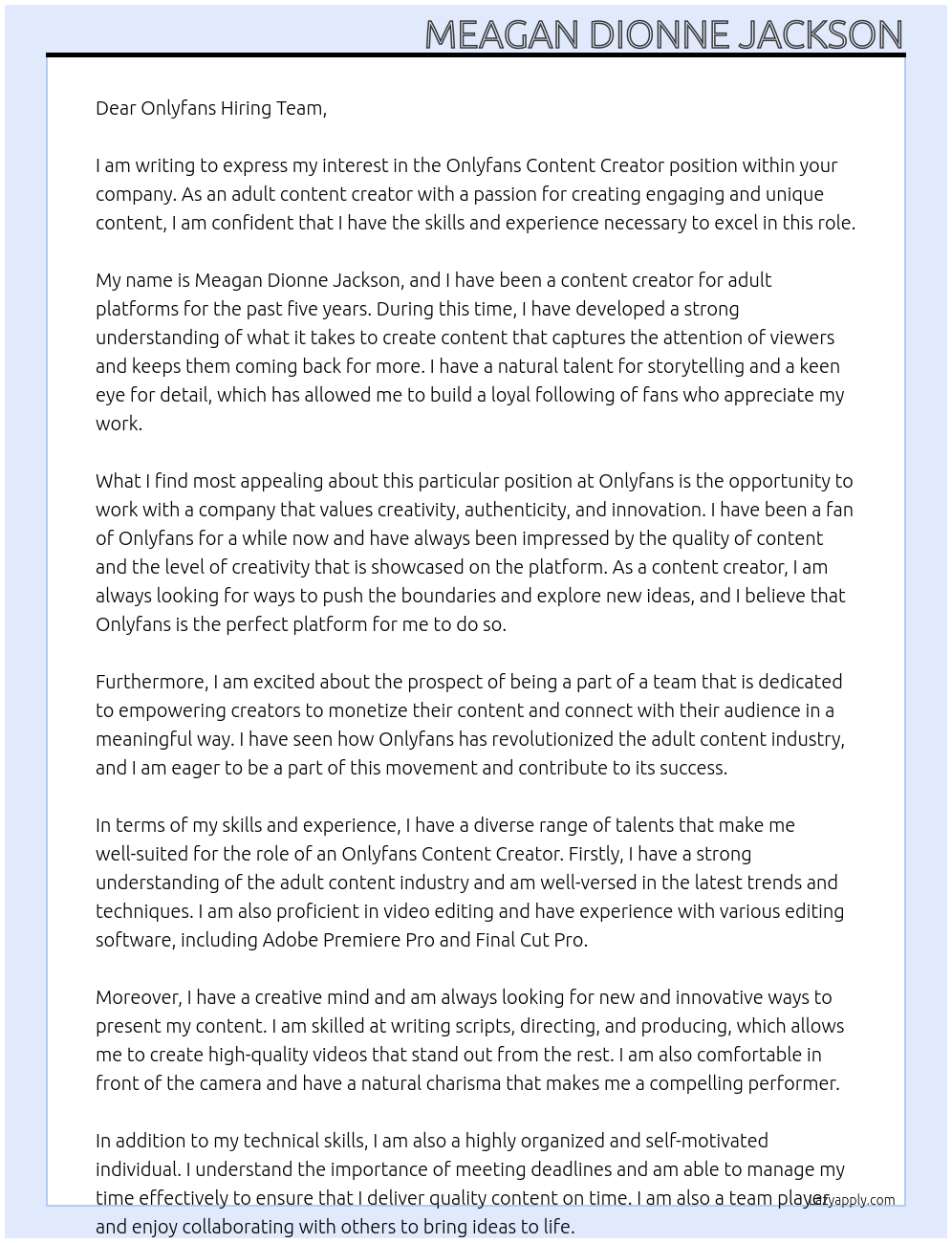 Only fans content creator  At Onlyfans Cover Letter