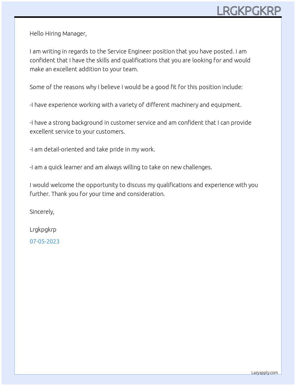 Service Engineer At Lrgkpgkrp Cover Letter