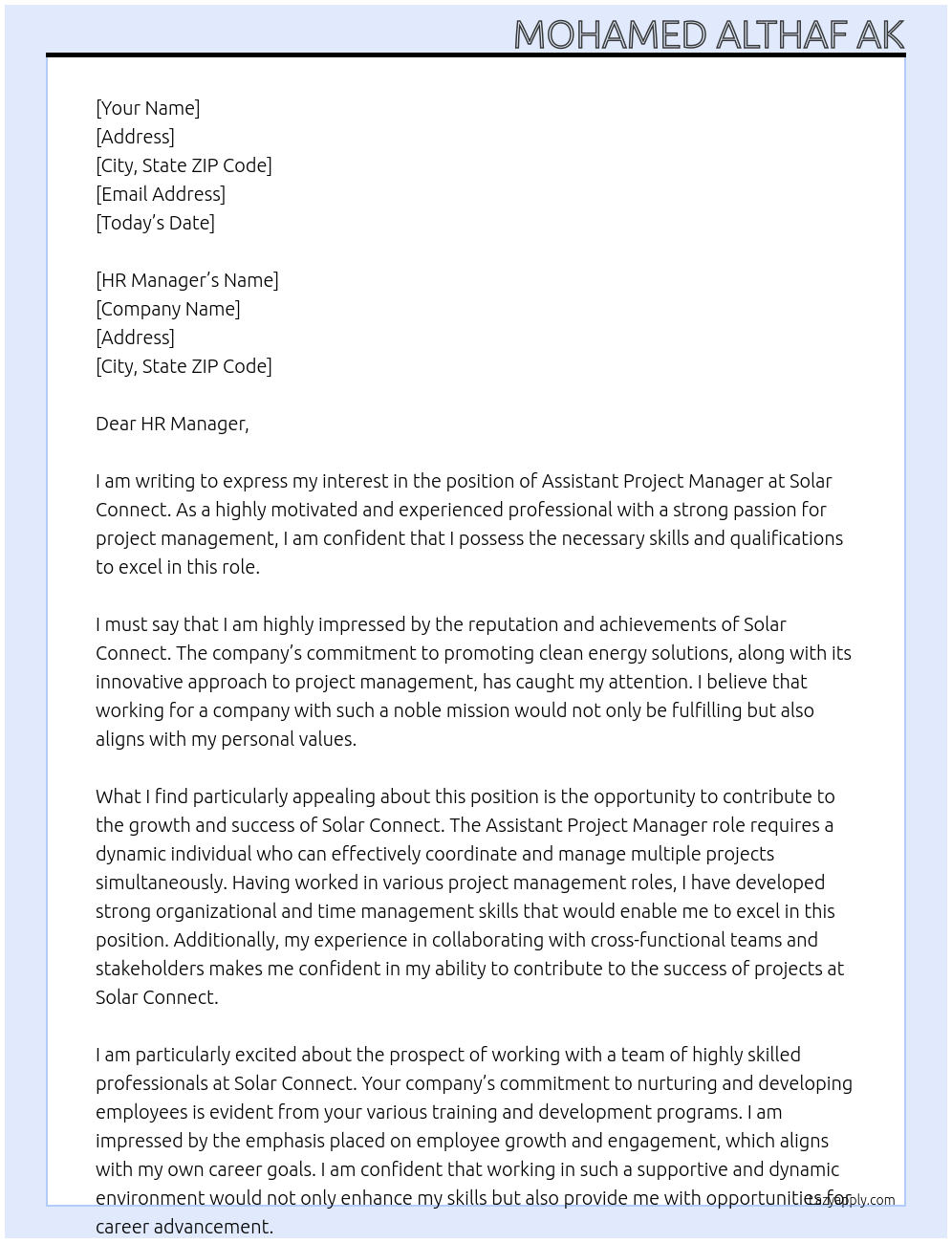 Assistant Project Manager At SOLAR CONNECT Cover Letter