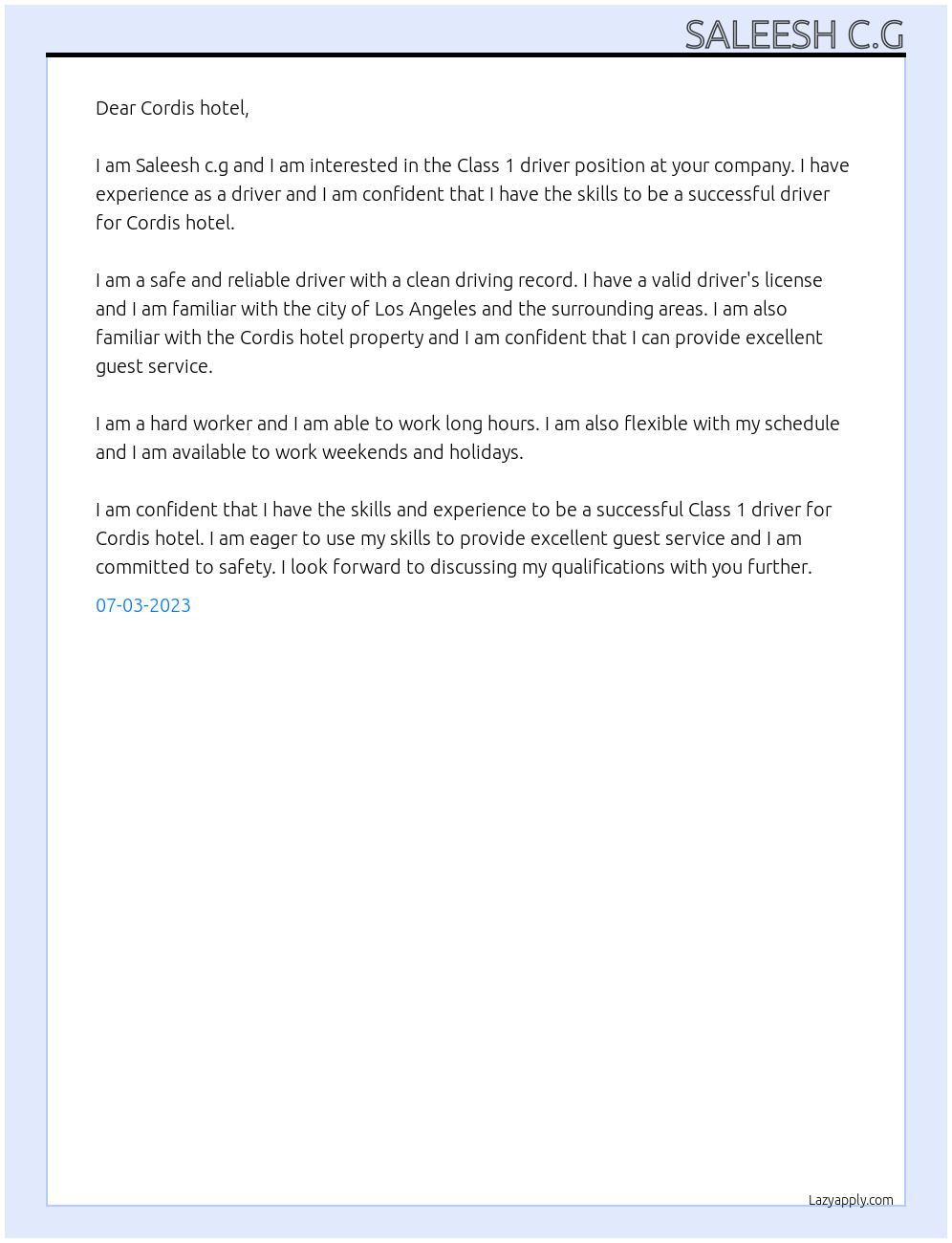 Class 1 driver At Cordis hotel Cover Letter