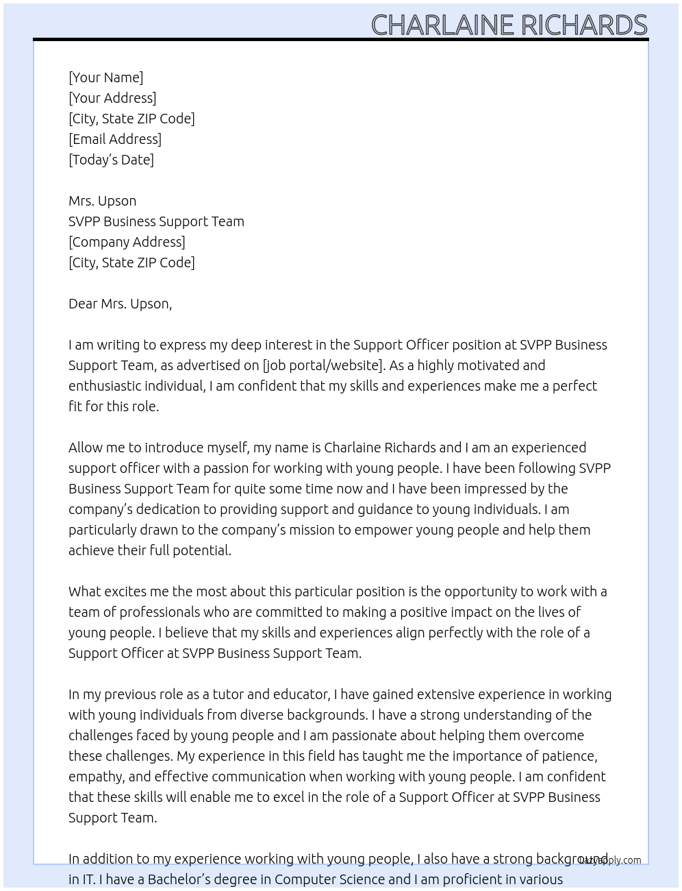 Support Officer At SVPP Business Support Team Cover Letter