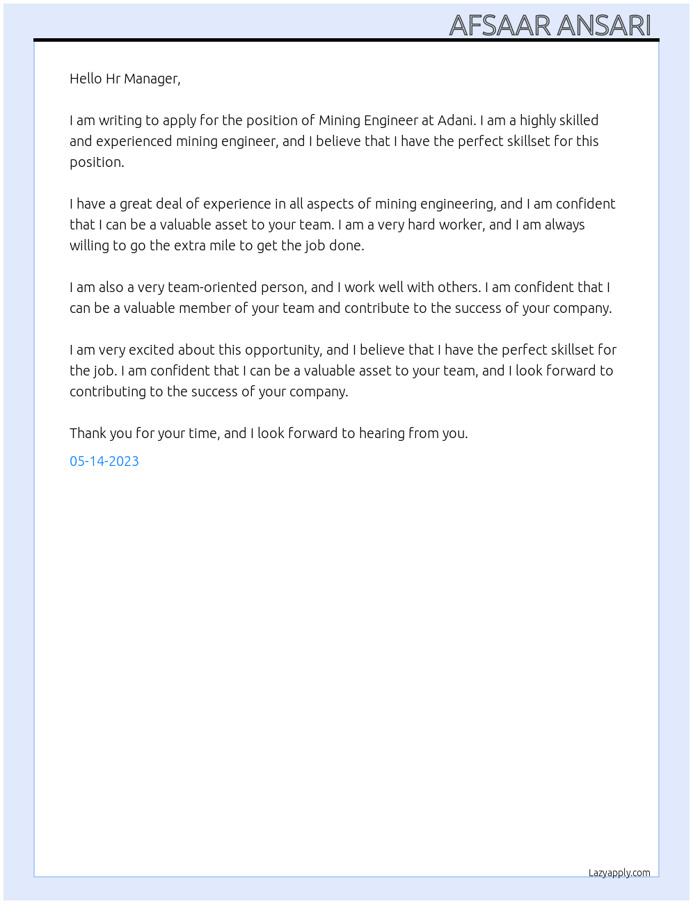 Mining Engineer At Adani Cover Letter