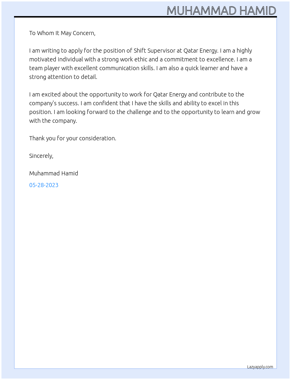 Shift Supervisor At Qatar Energy Cover Letter