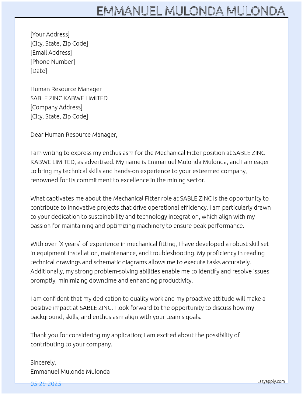 Mechanical fitter At SABLE ZINC KABWE LIMITED Cover Letter