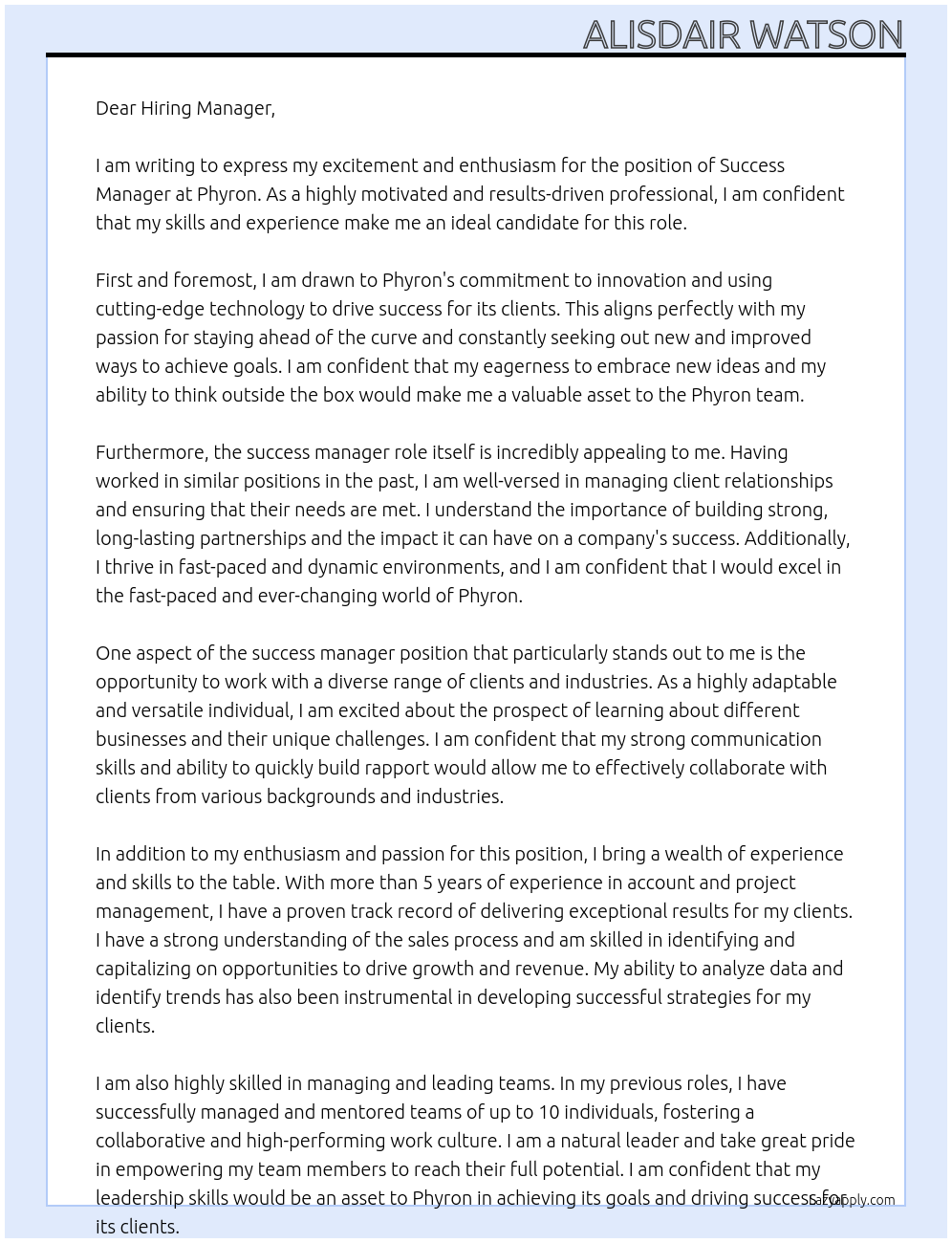 Success Manager At Phyron Cover Letter
