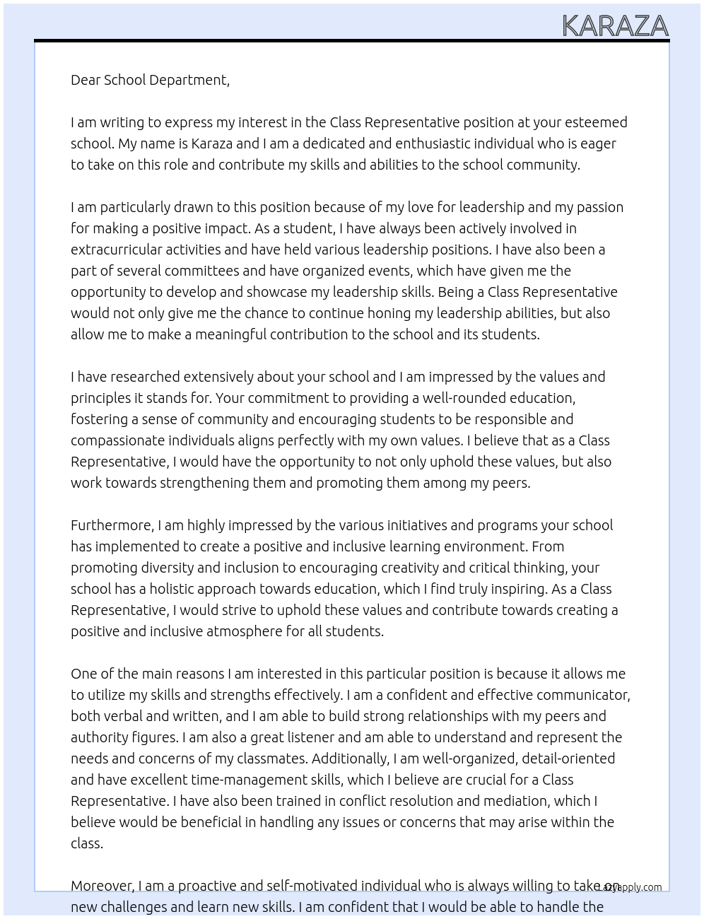 class representative At school Cover Letter
