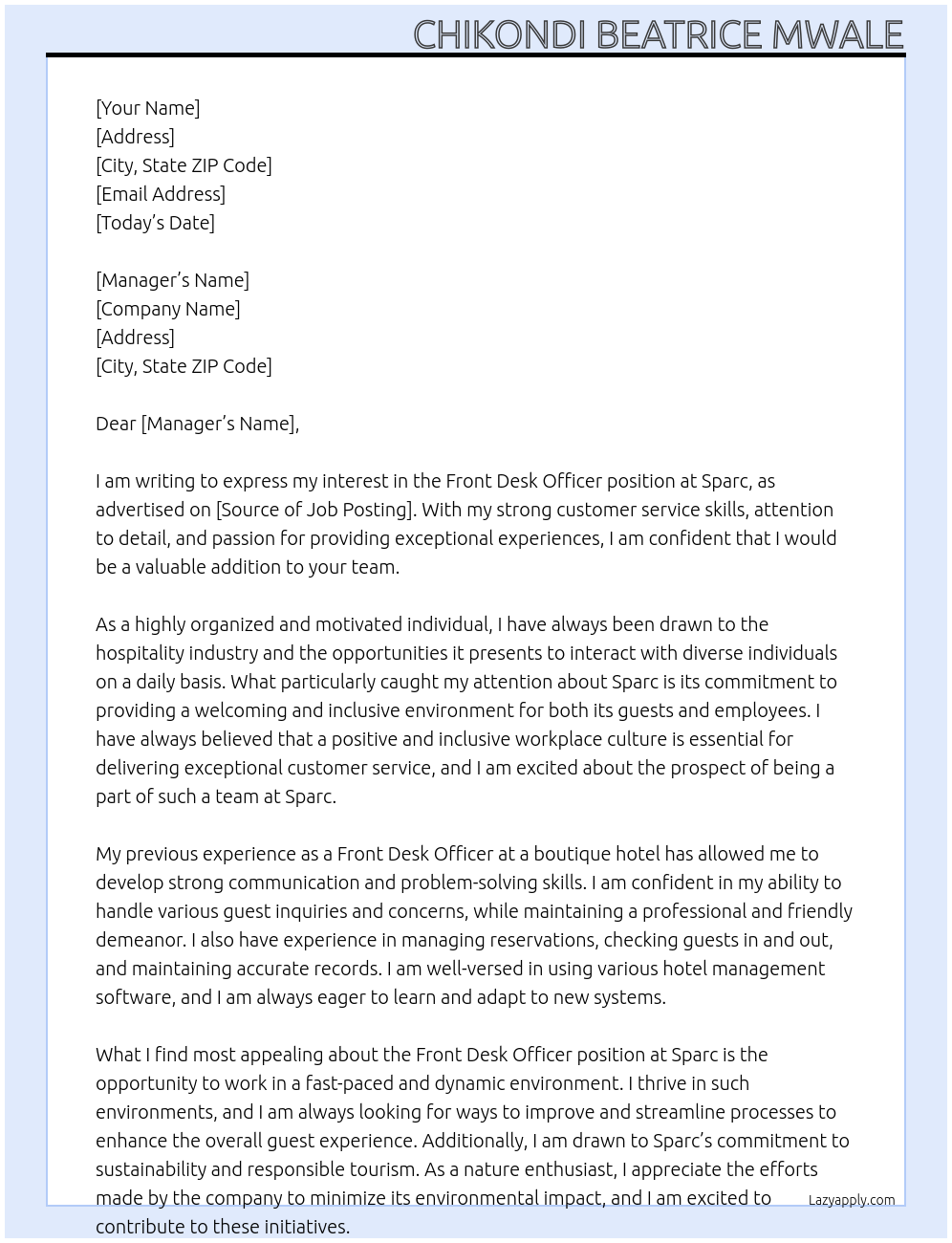 front desk officer At Sparc Cover Letter