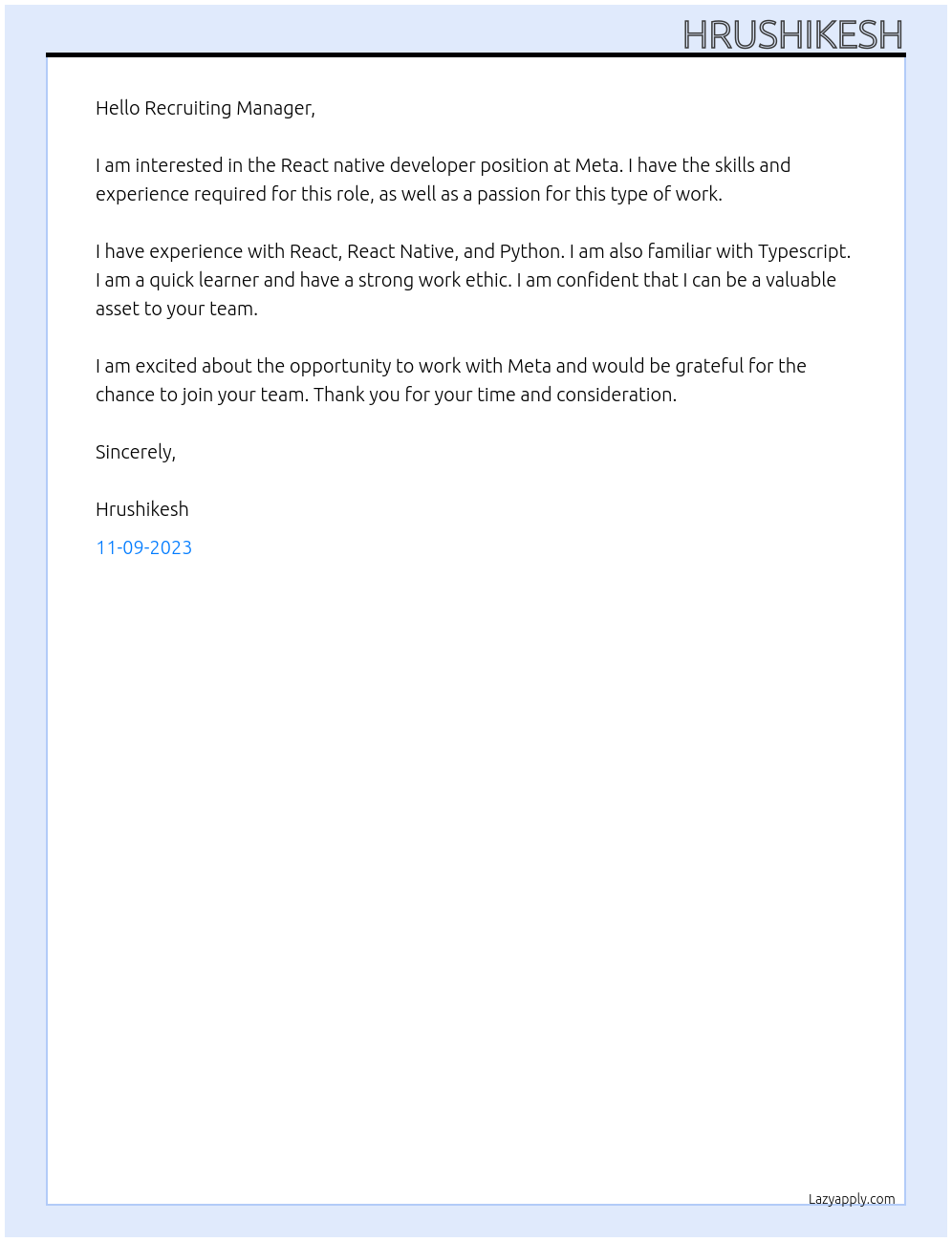 React native developer At Meta Cover Letter