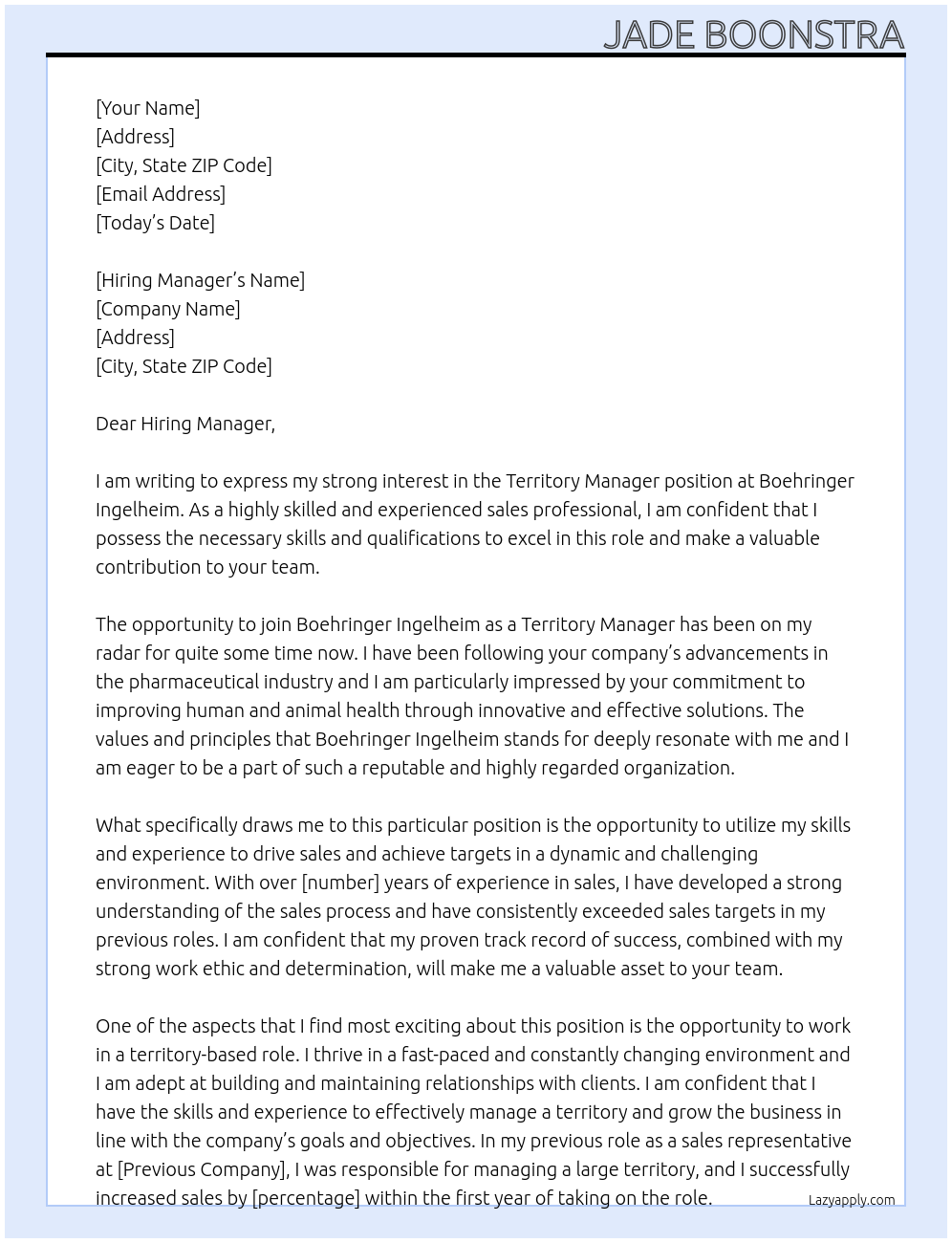 Territory Manager At Boehringer Ingelheim Cover Letter
