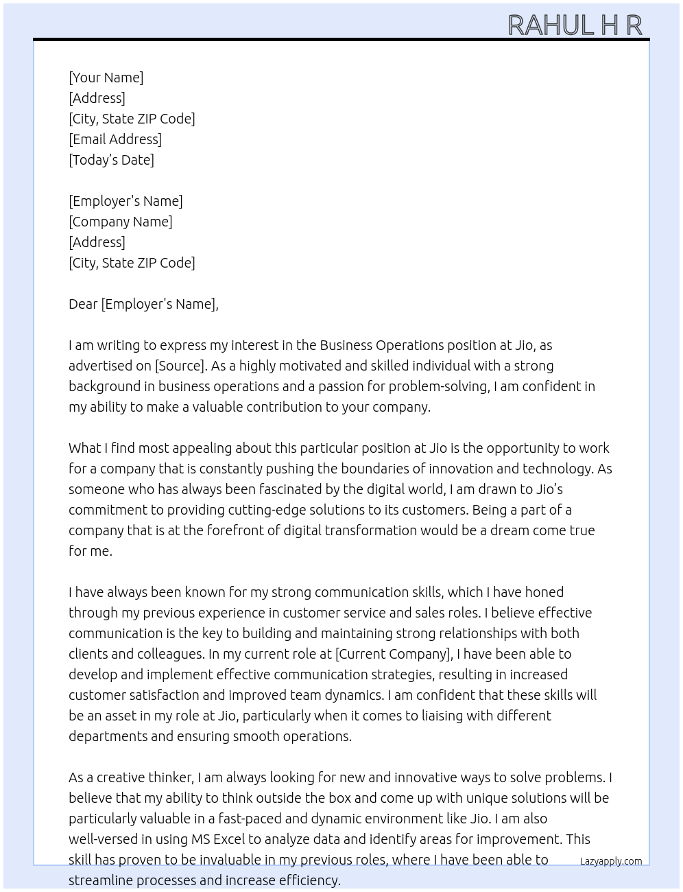 Business operations At Jio Cover Letter