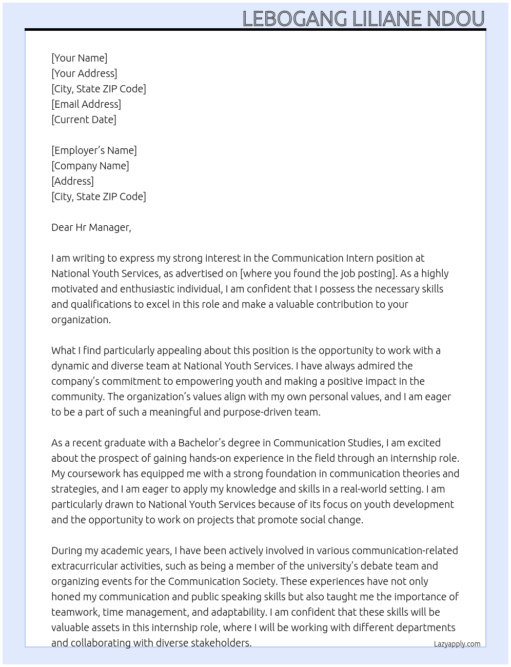 communication Intern At National youth services Cover Letter