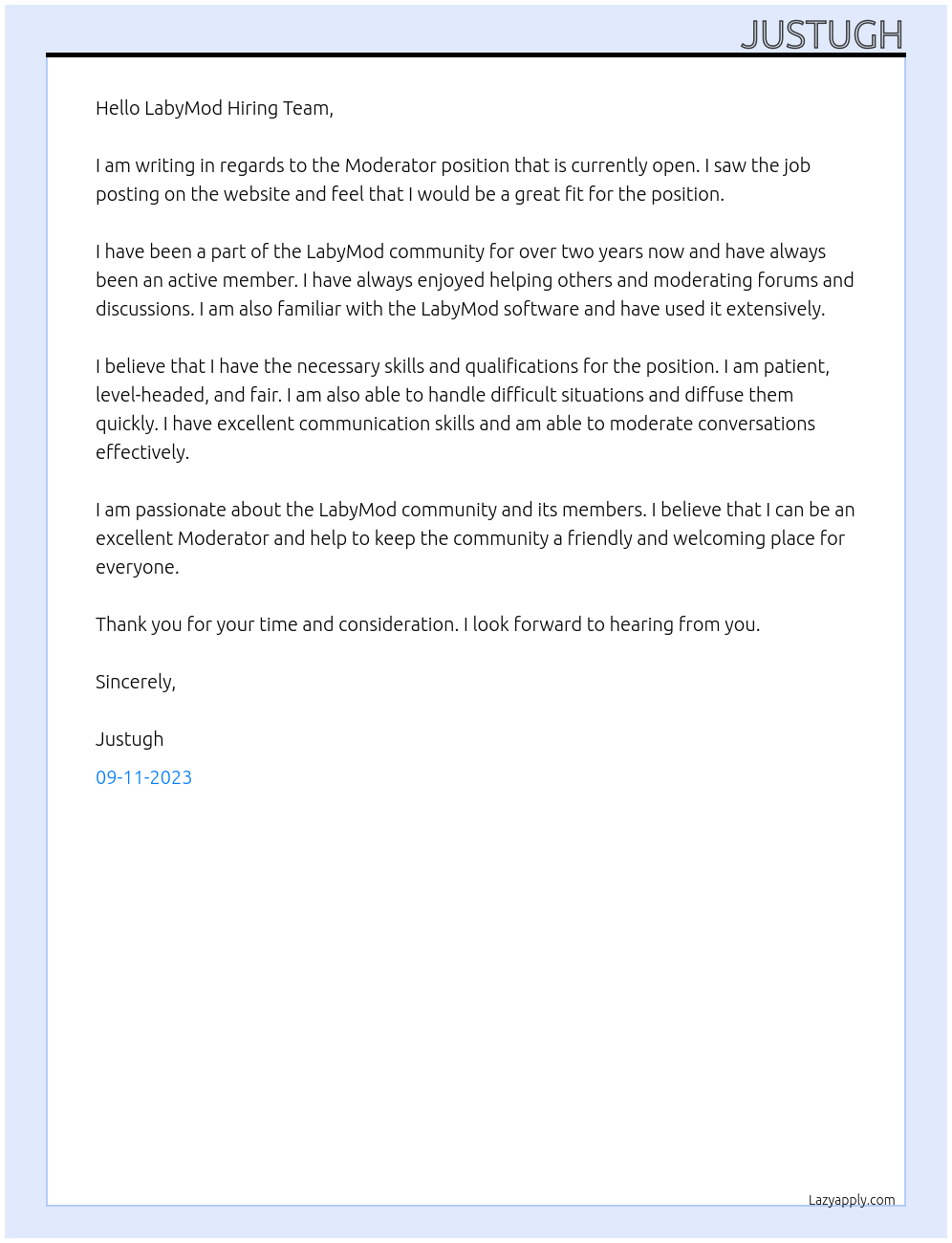 Moderator At LabyMod Cover Letter