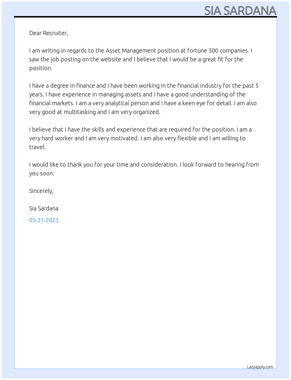 Asset Management  At fortune 500 companies Cover Letter