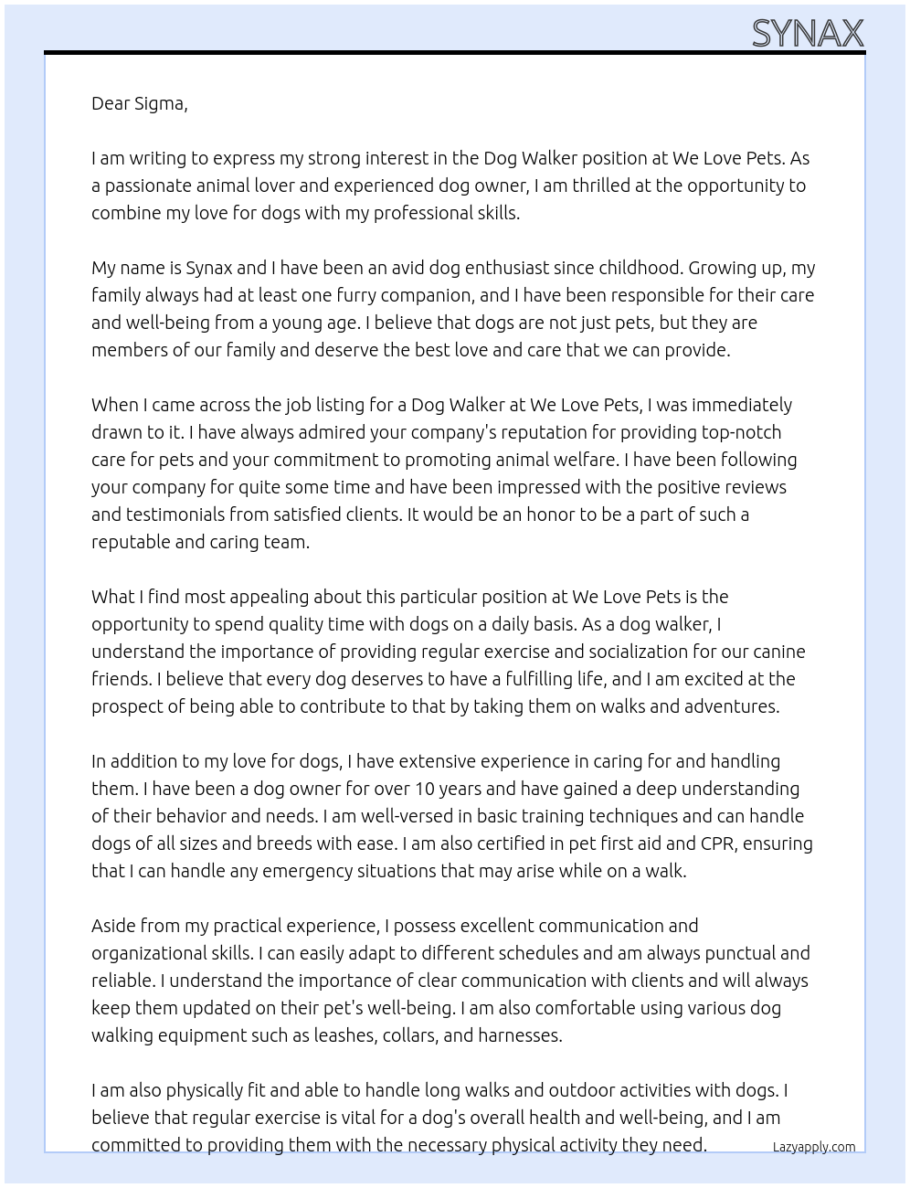Dog Walker At We Love Pets Cover Letter