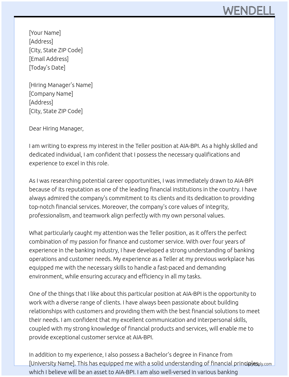 Teller At AIA-BPI Cover Letter