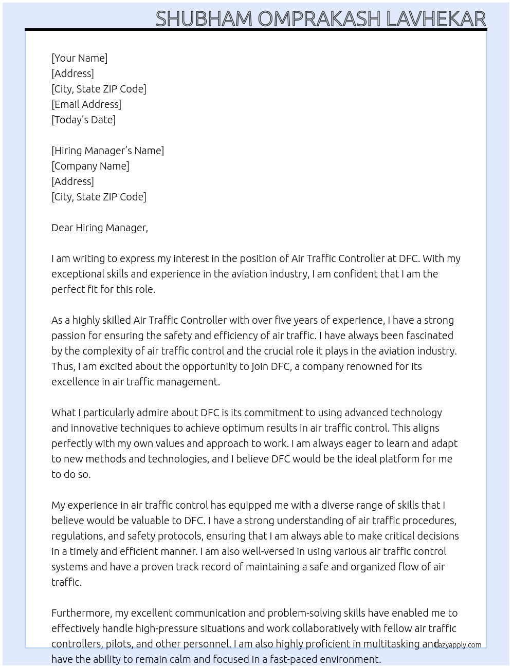 Air traffic controller At DFC Cover Letter