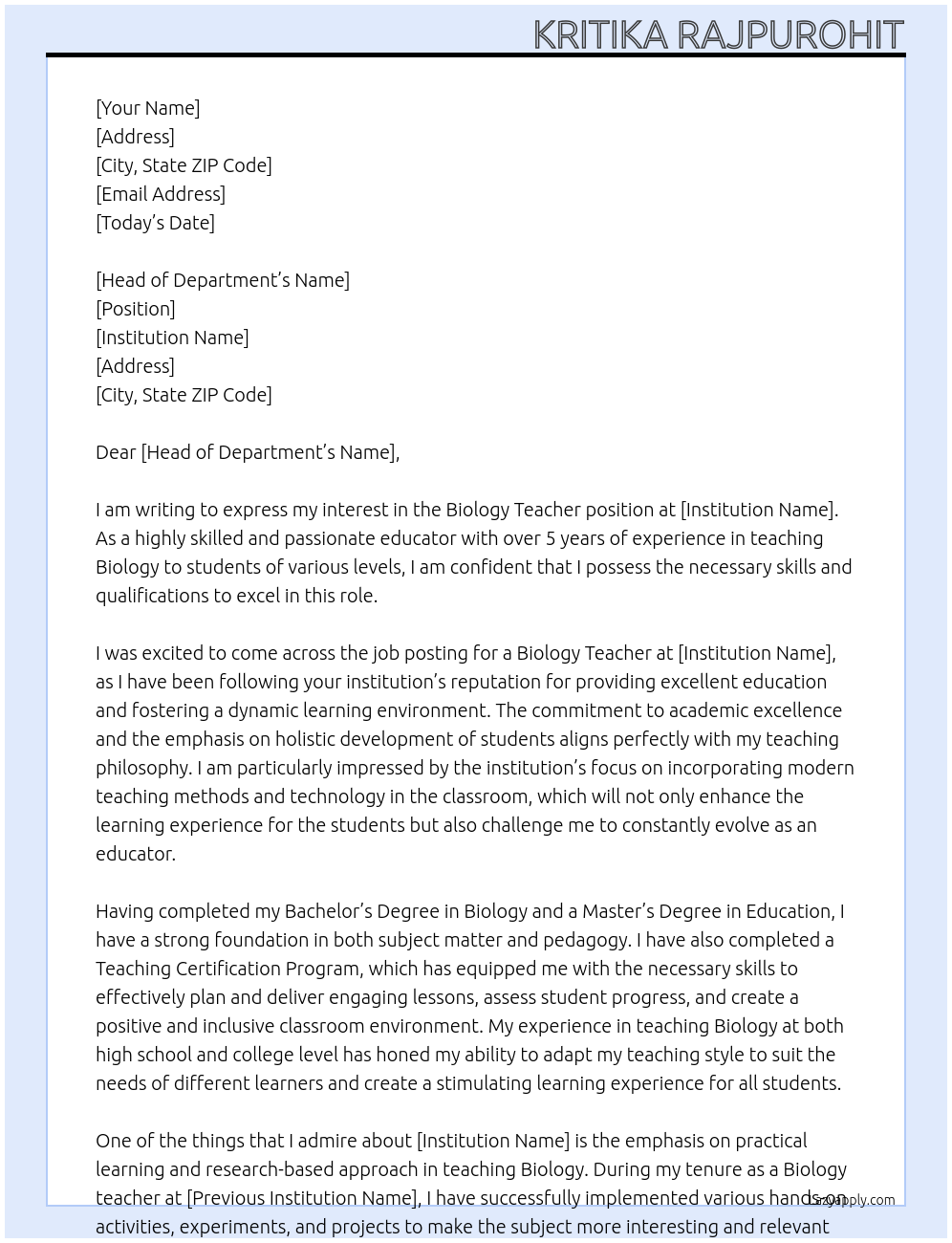 Biology teacher  At Institution  Cover Letter