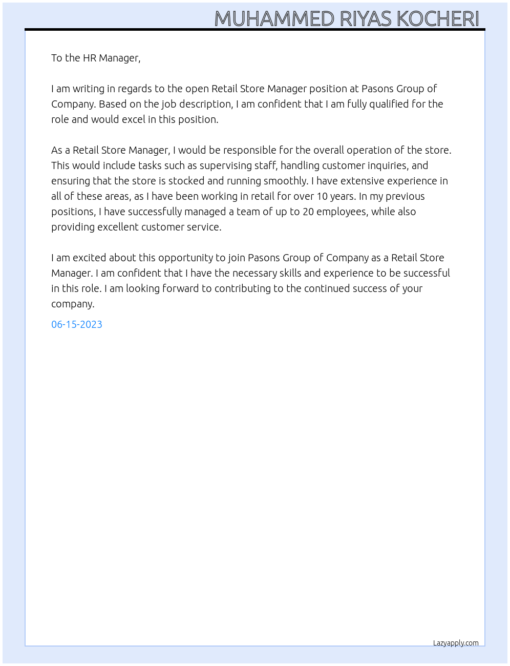 Retail store manager At PASONS GROUP OF COMPANY Cover Letter