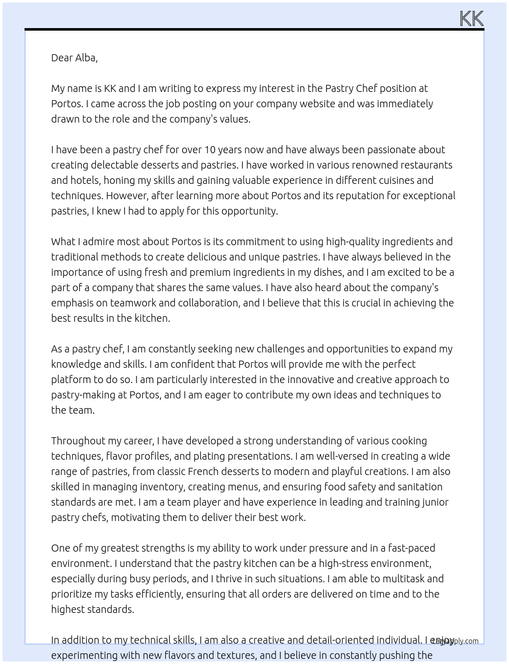 Pastry Chef At portos Cover Letter