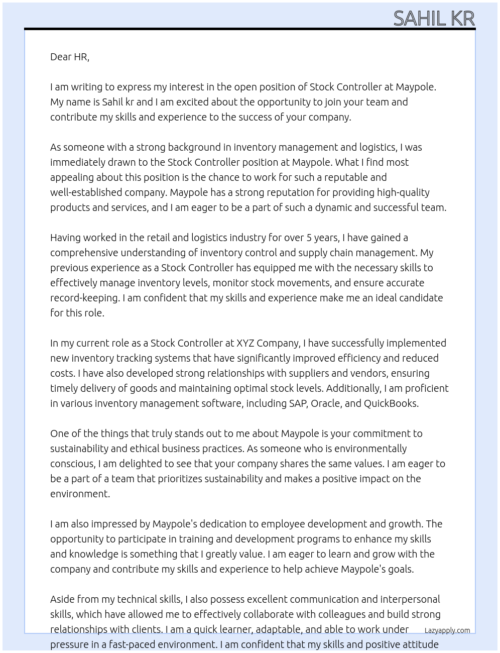 Stock controller At Maypole Cover Letter