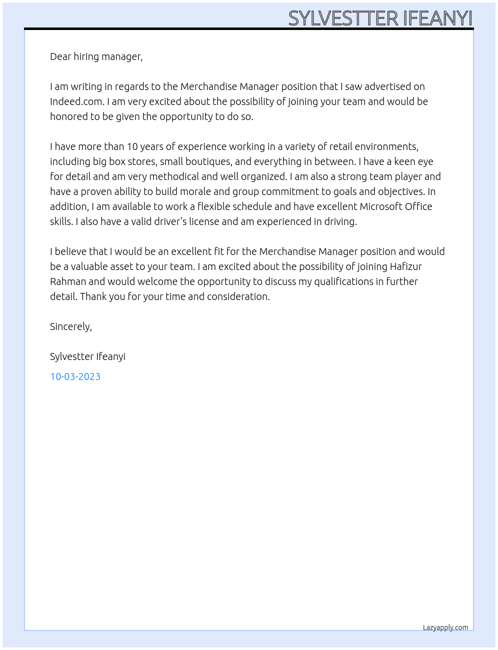 Merchandise Manager. At  Hafizur Rahman Cover Letter