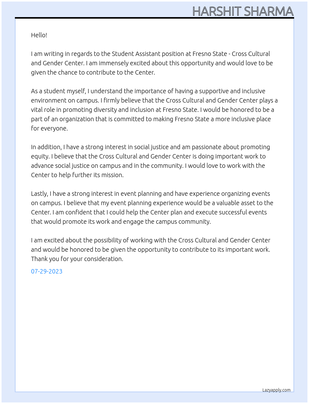 Student Assistant At Fresno State - Cross Cultural and Gender Center Cover Letter