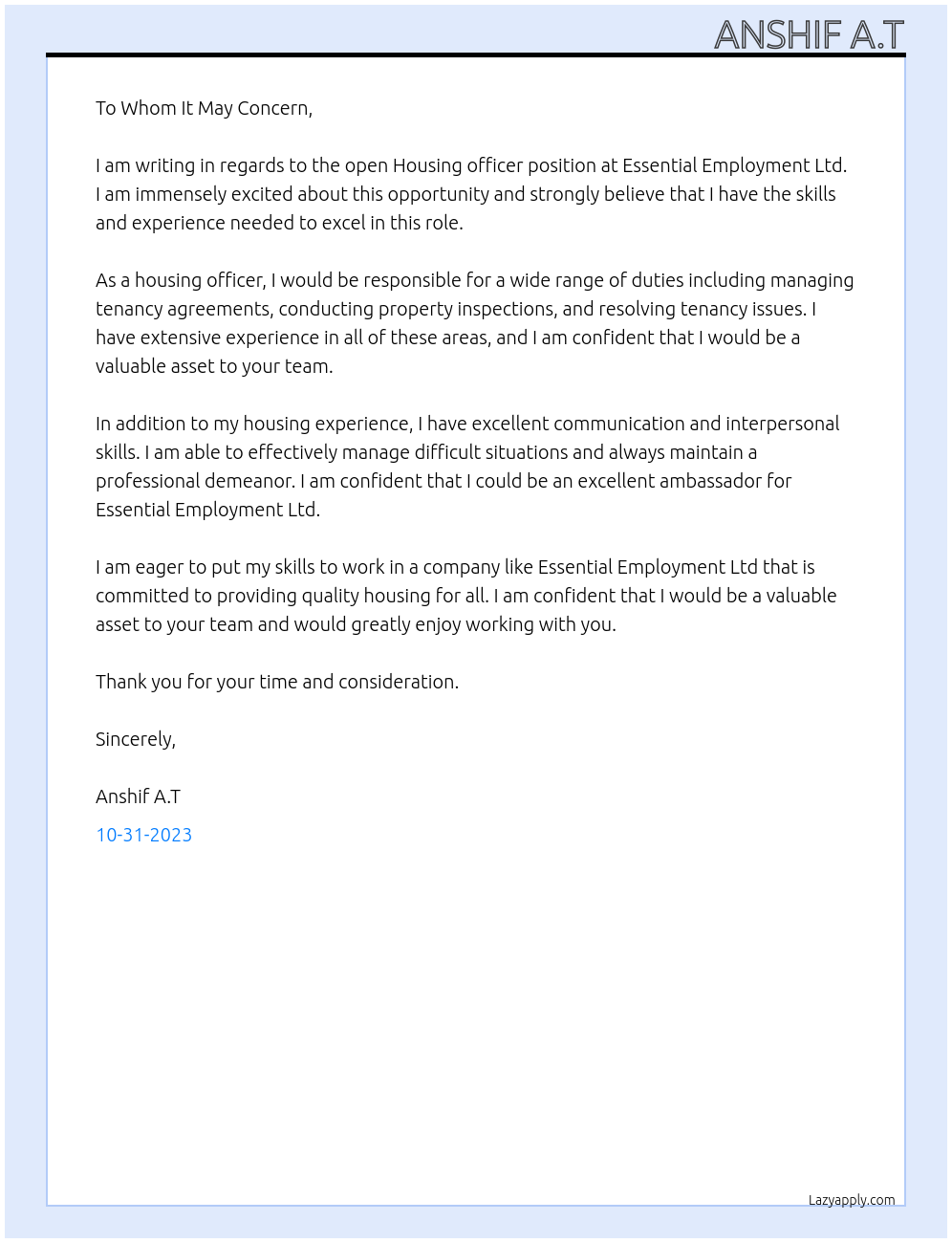 Housing officer At ESSENTIAL EMPLOYMENT LTD Cover Letter