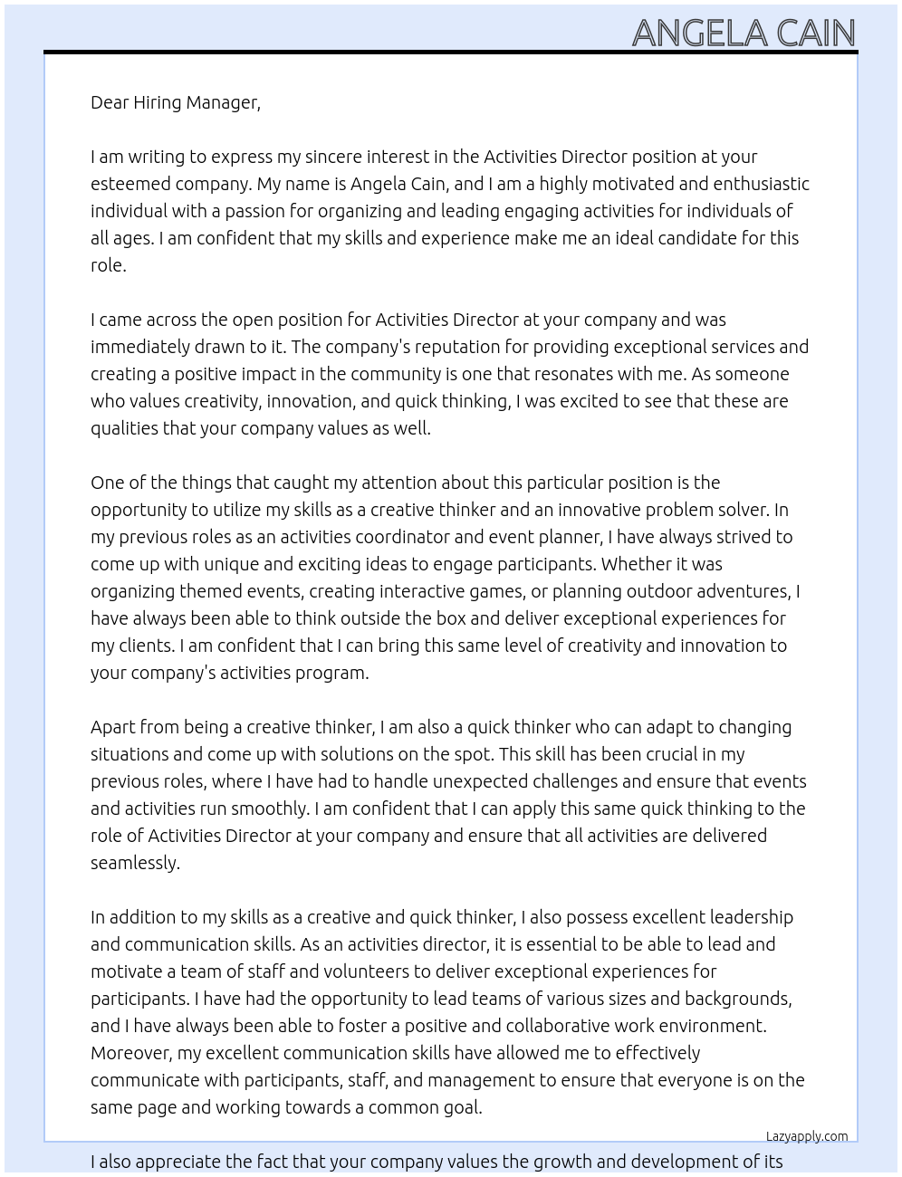 Activities director At Don't know Cover Letter