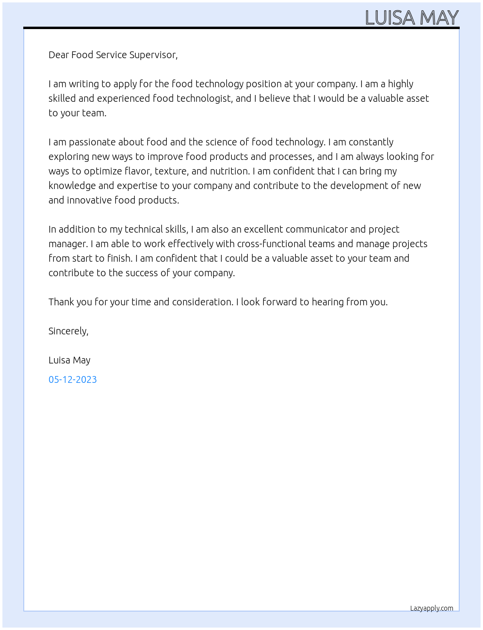 food technology At food service supervisor Cover Letter