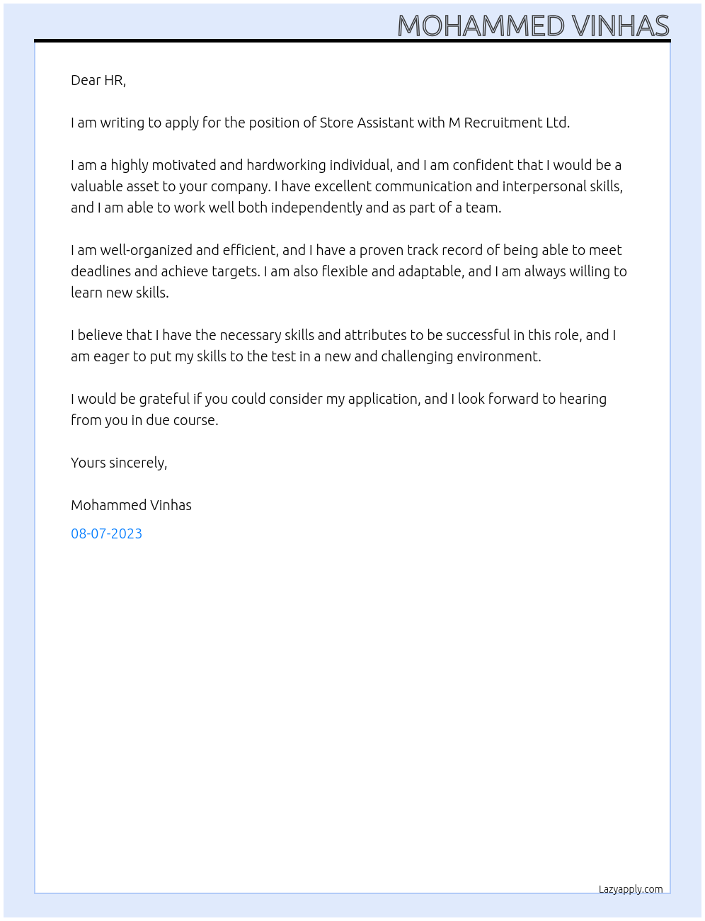 Store Assistant  At M Recruitment Ltd. Cover Letter