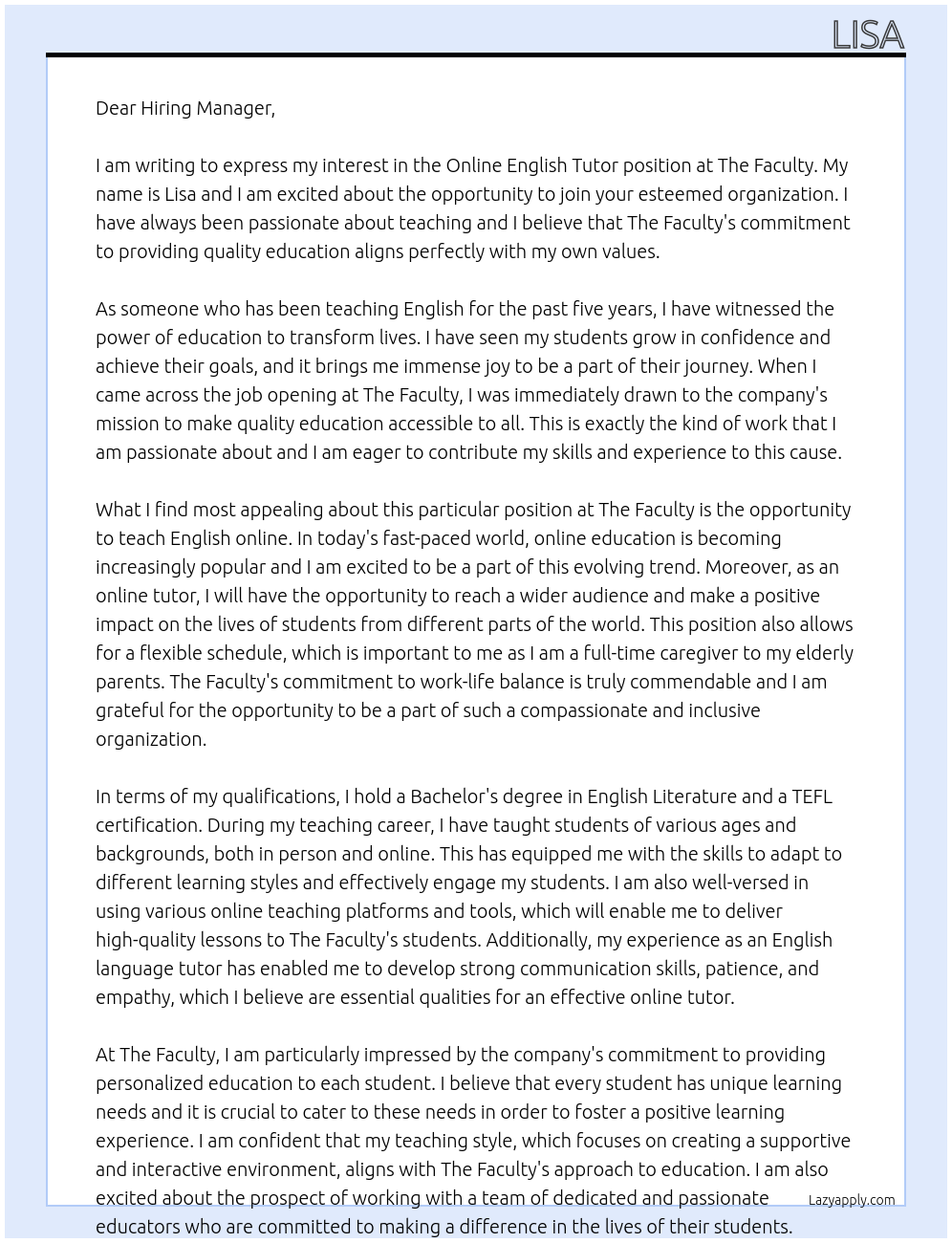 Online English Tutor: At The Faculty Cover Letter