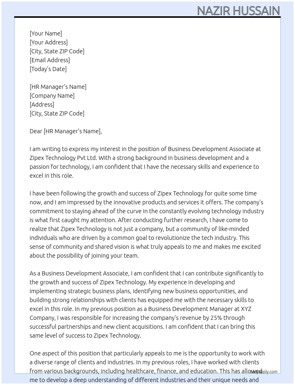 Business development associate At Zipex technology Pvt Ltd Cover Letter