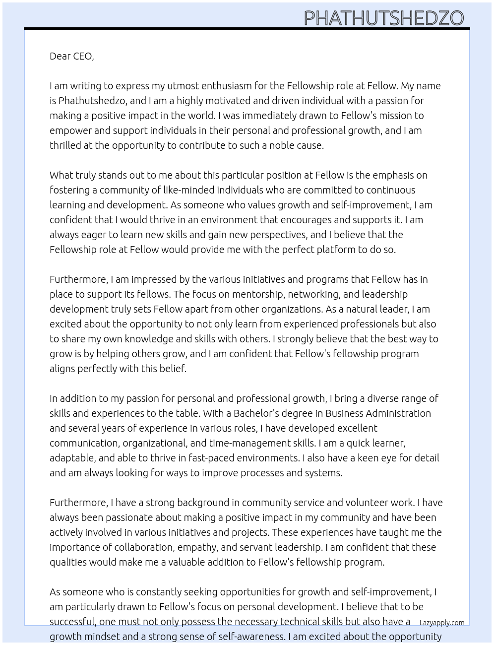 Fellowship At Fellow Cover Letter