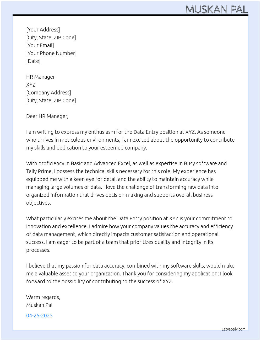 Data entry At XYZ Cover Letter