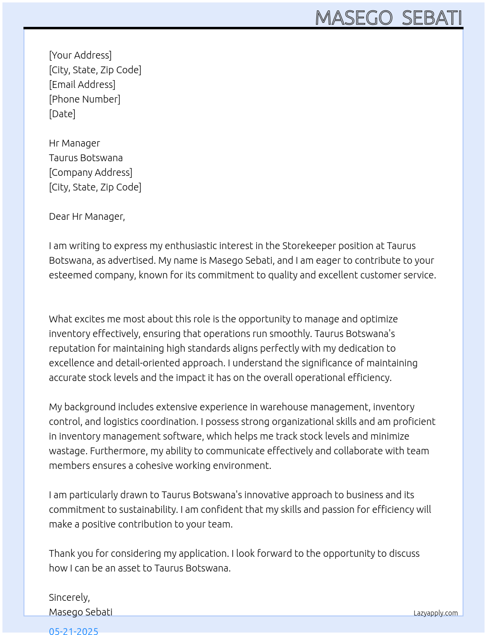 Storekeeper At Taurus botswana  Cover Letter