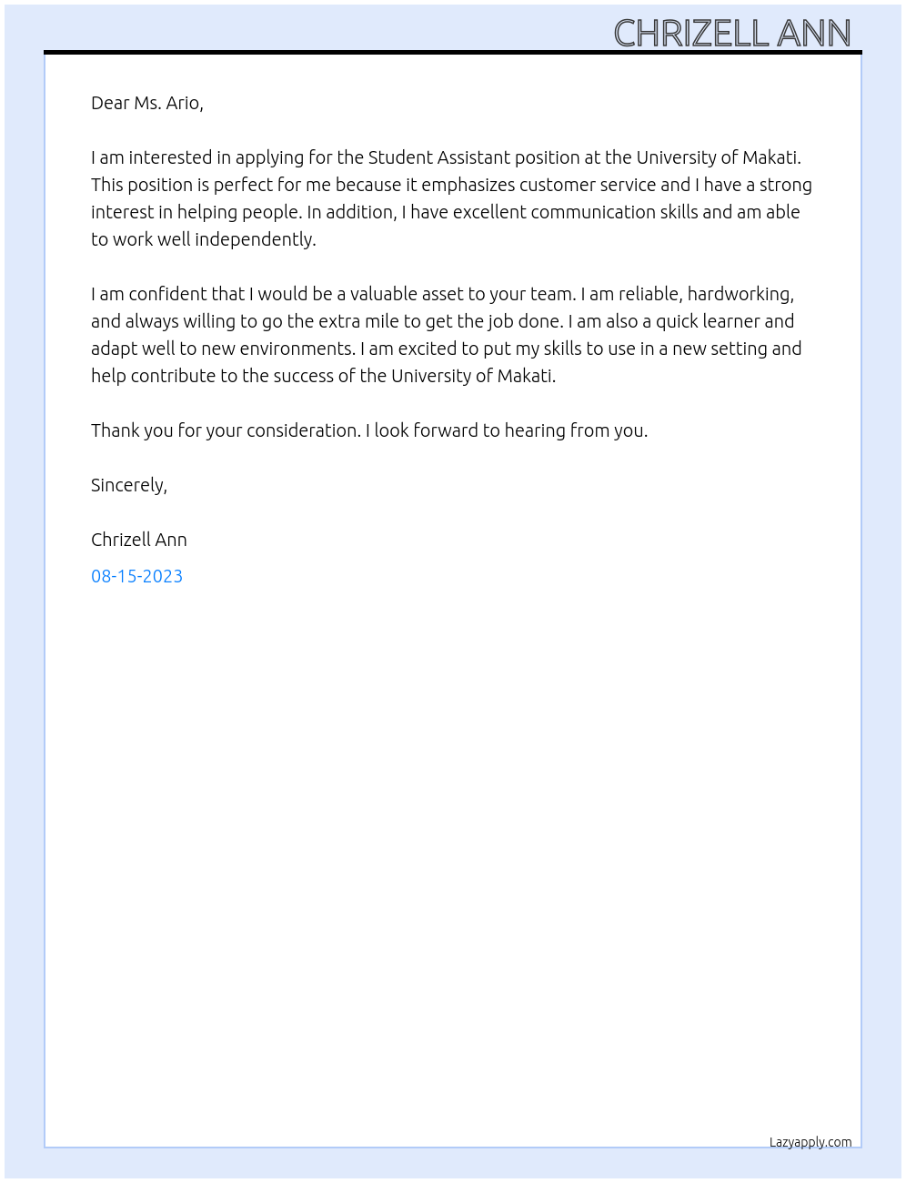 Student Assistant At University of Makati Cover Letter