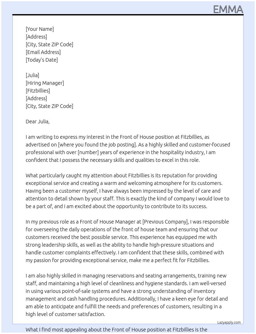 Front of house At Fitzbillies Cover Letter