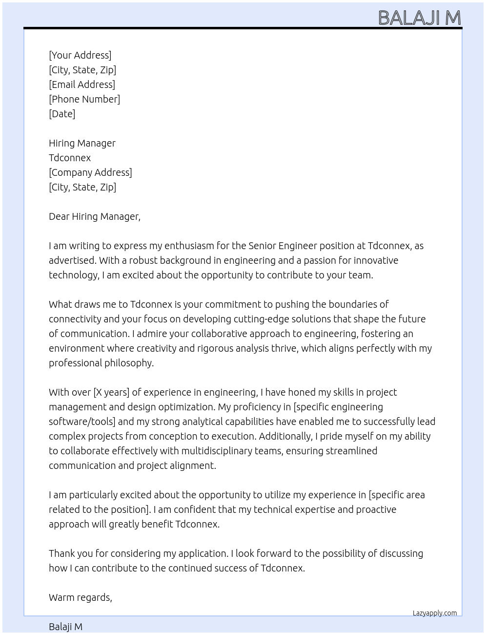 Cover letter for senior engineer - LazyApply
