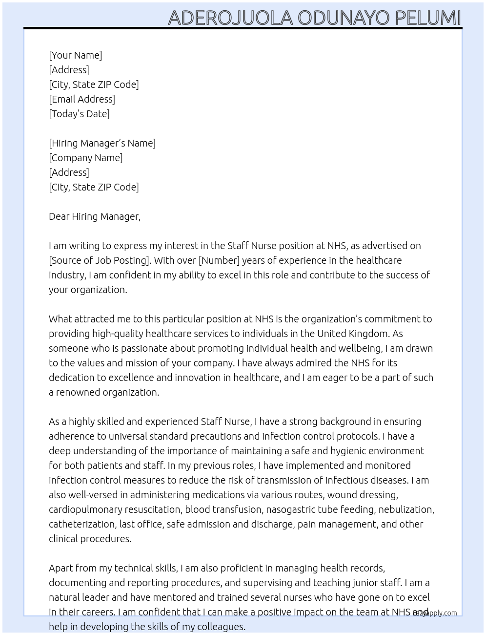 Staff Nurse At NHS Cover Letter