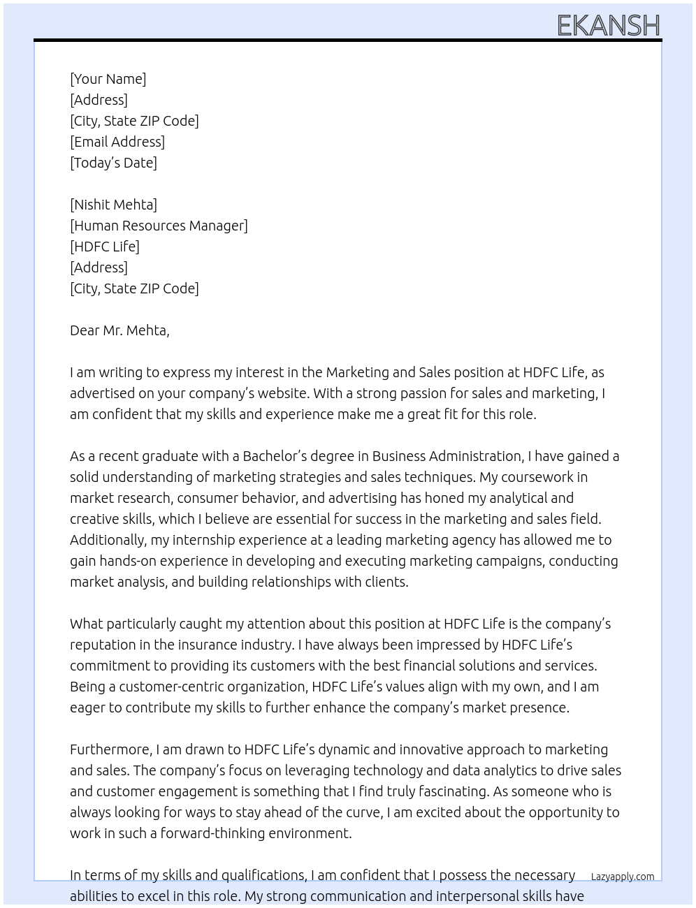 Marketing and sales At HDFC Life  Cover Letter