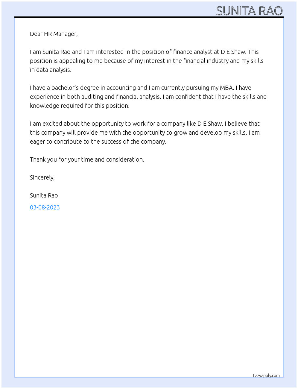 Finance Analyst At D E shaw Cover Letter