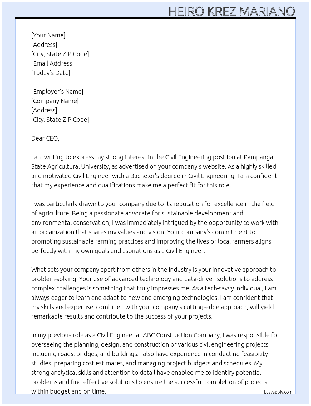 Civil Engineering At Pampanga State Agricultural University Cover Letter